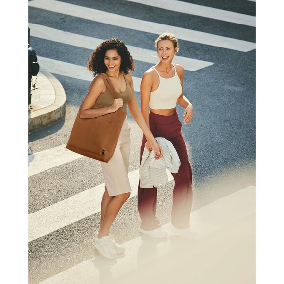 Women Brown Corduroy Large Shoulder Tote Shopping Bag with Zipper and Pockets - Picture 6 of 7